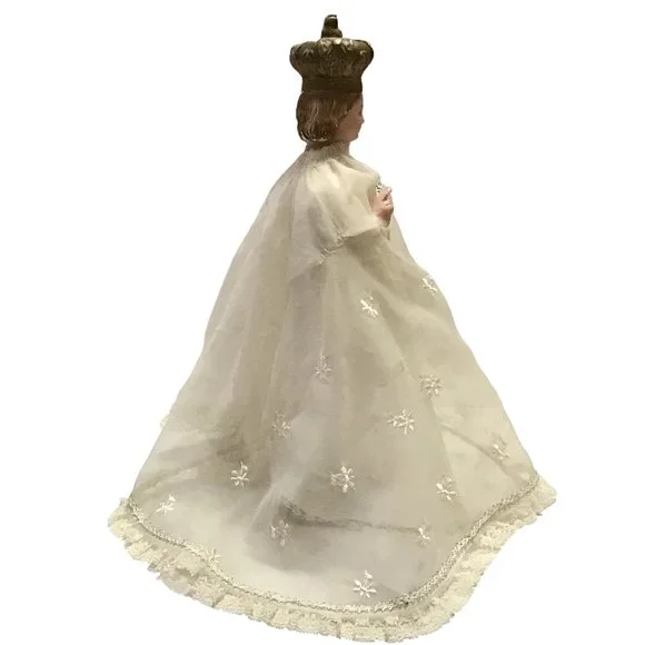 Vintage Infant of Prague Jesus Statue Chalkware Layer Gown Lace Trim Embroidered